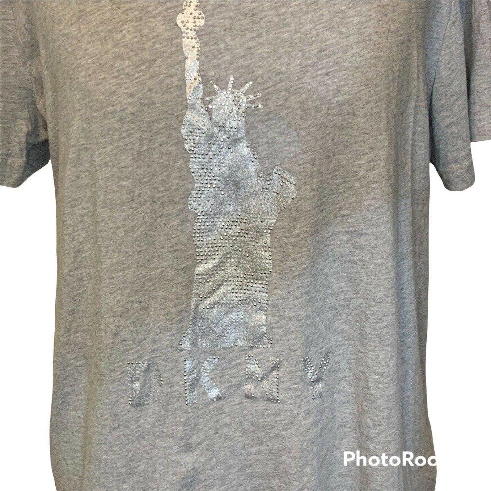 Women's DKNY New York Gray & Rhinestones Pullover Short Sleeve T-shirt Size L